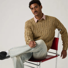 Carmel Cable Crew Sweater - Pine Bark - Brown