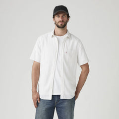 Short-Sleeve Sunset One Pocket Cotton Linen Shirt - Carlin Stripe Bright - White