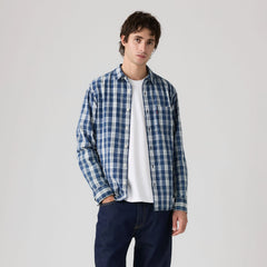 Sunset One Pocket Standard Fit Poplin Shirt - Ben Plaid Indigo Poplin - Blue