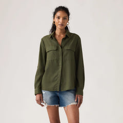 Elaine Utility Button Up Shirt - Garment Dye Deep Depths - Green