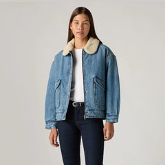 Everyday Bomber with Faux Shearling Collar - Turning Heads - Light Wash