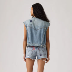 90s Shrunken Collarless Vest - Melody'S Muse Vest - Medium Wash