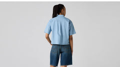 Harlie Short-Sleeve Cropped Button Down Shirt - Brass Organ - Chambray