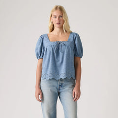 Darling Short-Sleeve Cutwork Blouse - Breezy Blues - Medium Wash