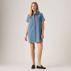 Louisa Short-Sleeve Denim Midi Dress - Pretty Penny Lane - Medium Wash