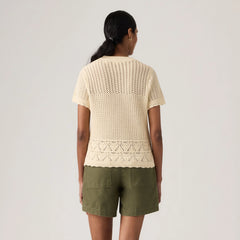Isabelle Crochet Short Sleeve Sweater - Seedpearl - White