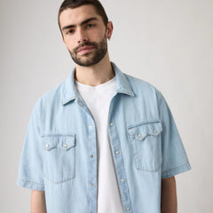 Short Sleeve Boxy Western Shirt - In A Rush - Medium Wash