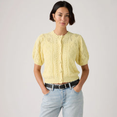 Pauline Pointelle Short-Sleeve Cardigan - French Vanilla - Yellow