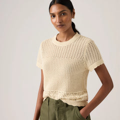 Isabelle Crochet Short Sleeve Sweater - Seedpearl - White