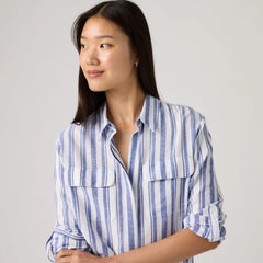 Elaine Utility Button Up Shirt - Bold Stripe Blue - Blue