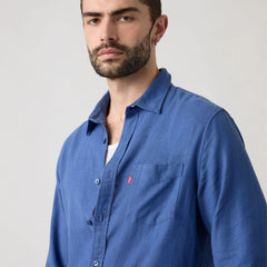 Sunset One Pocket Standard Fit Cotton Linen Shirt - Sunshine Blue Cotton Linen - Blue