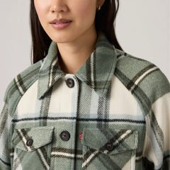 Raglan Sleeve Shirt Jacket - Sea Green Plaid - Green