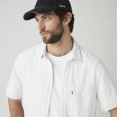 Short-Sleeve Sunset One Pocket Cotton Linen Shirt - Carlin Stripe Bright - White