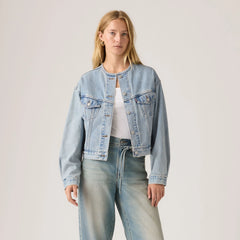 '90s Shrunken Collarless Trucker Jacket - Rural View - Medium Wash
