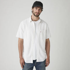 Short-Sleeve Sunset One Pocket Cotton Linen Shirt - Carlin Stripe Bright - White