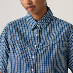 Logan Short-Sleeve Denim Shirt - Little Tiny Windows - Medium Wash