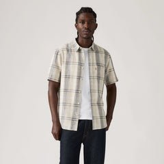 Short-Sleeve Sunset One Pocket Cotton Linen Shirt - Karlo Plaid Oatmeal - White