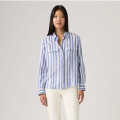 Elaine Utility Button Up Shirt - Bold Stripe Blue - Blue