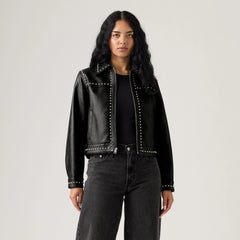 Faux Leather Studded Jacket - Black Silver - Black