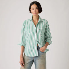 Harlie Boyfriend Button Down Shirt - Serafina Stripe Pine - Green