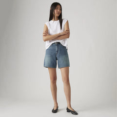 High Rise Baggy Linen+ Denim Lightweight Women's Shorts - Stop Flaxing Short - Medium Wash