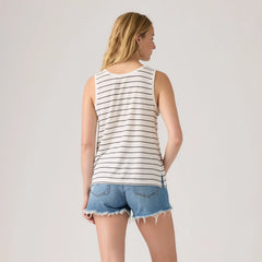Lori Linen Scoop Tank Top - Donna Stripe Egret - White