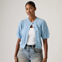 Pauline Pointelle Short-Sleeve Cardigan - Glacier Lake - Blue