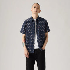 Short-Sleeve Sunset One Pocket Cotton Linen Shirt - Blast Floral Dress Blues
