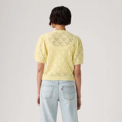 Pauline Pointelle Short-Sleeve Cardigan - French Vanilla - Yellow