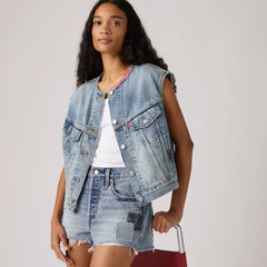90s Shrunken Collarless Vest - Melody'S Muse Vest - Medium Wash