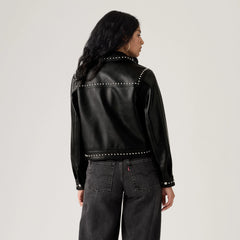 Faux Leather Studded Jacket - Black Silver - Black