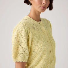 Pauline Pointelle Short-Sleeve Cardigan - French Vanilla - Yellow