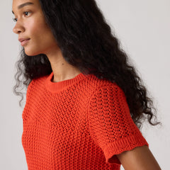 Isabelle Crochet Short Sleeve Sweater - Signal Red - Red