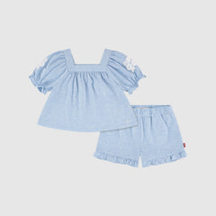Short Sleeve Embroidered Top and Short Toddler Set - Far and Wide - Light Wash