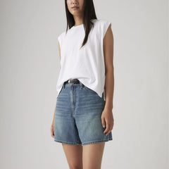 High Rise Baggy Linen+ Denim Lightweight Women's Shorts - Stop Flaxing Short - Medium Wash