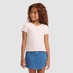 Short Sleeve Rosette Pointelle Knit Top Little Girls 4-6 - Crystal Pink - Pink