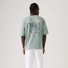Loose Fit Half-Sleeve Graphic T-Shirt - Tonal Script Floral Lead - Blue