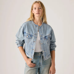'90s Shrunken Collarless Trucker Jacket - Rural View - Medium Wash