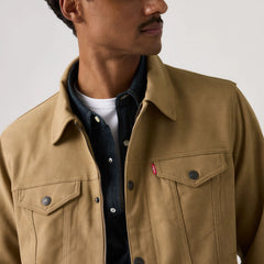 Vintage Faux Cow Suede Trucker Jacket - Tan - Brown -