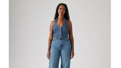 Bria Denim Halter Top - Cornerback - Medium Wash