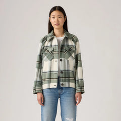 Raglan Sleeve Shirt Jacket - Sea Green Plaid - Green