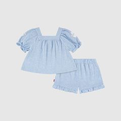 Short Sleeve Embroidered Top and Short Toddler Set - Far and Wide - Light Wash