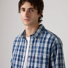 Sunset One Pocket Standard Fit Poplin Shirt - Ben Plaid Indigo Poplin - Blue