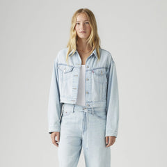 Shrunken '90s Linen+ Denim Lightweight Trucker Jacket - Luxury Trip Trucker - Light Wash