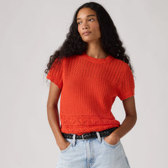 Isabelle Crochet Short Sleeve Sweater - Signal Red - Red