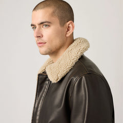 Aviator Jacket with Removeable Sherpa Collar - Dark Brown - Black