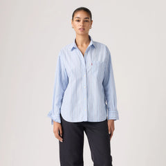 Harlie Boyfriend Button Down Shirt - Amari Stripe Chambra - Blue