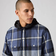 Plaid Hooded Classic Worker Shirt - Temescal Plaid Vintage Indigo - Blue