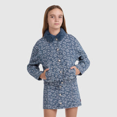 Oversized Fur Collared Trucker Big Girls 7-16 - Blazing Blue - Dark Wash