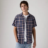 Short-Sleeve Sunset One Pocket Cotton Linen Shirt - Sintra Plaid Dress Blues - Blue